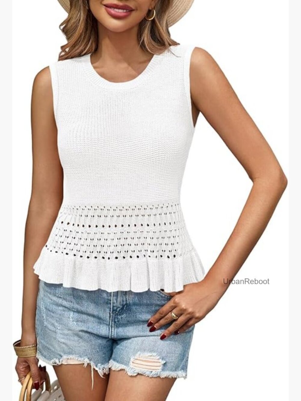 Crochet Crop Tank Top Sleeveless Crew Neck Ruffle Boho Knit Sweater Vest